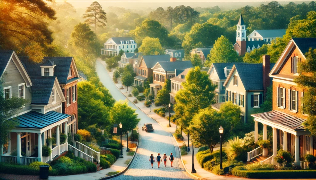 A picturesque view of Roswell, GA showcasing its historic charm with cobblestone streets, well-preserved homes, and lush greenery