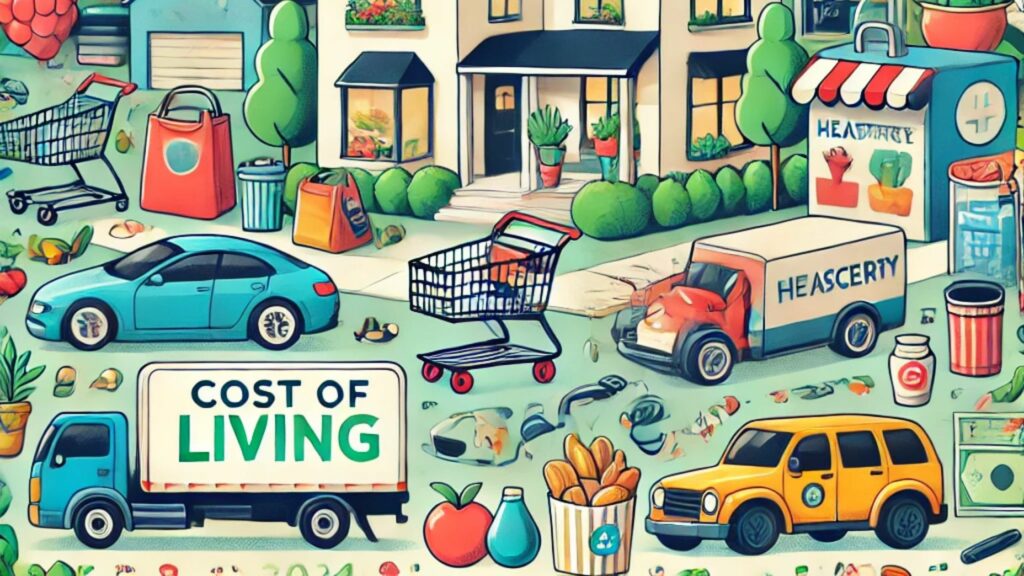An image representing the cost of living in Roswell, GA in 2024, featuring elements like houses, shopping, healthcare, transportation (cars and buses), and grocery items.