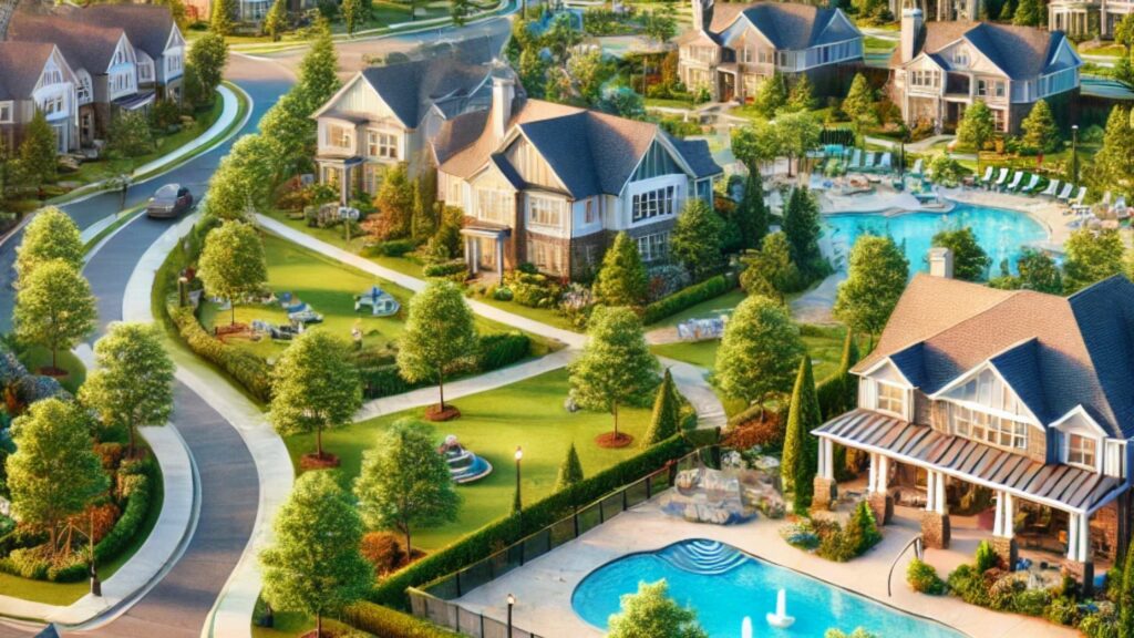 An inviting and picturesque image of Roswell, GA highlighting modern homes, parks, recreational facilities, and senior-friendly amenities, ideal for retirement.